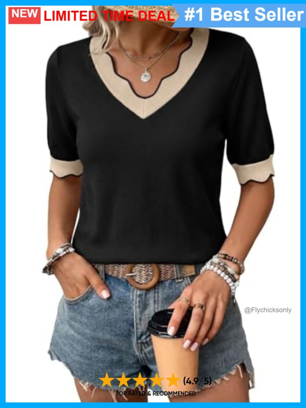 Knit V-Neck Short Sleeve Sweater Top Scalloped Trim Puff Sleeve
